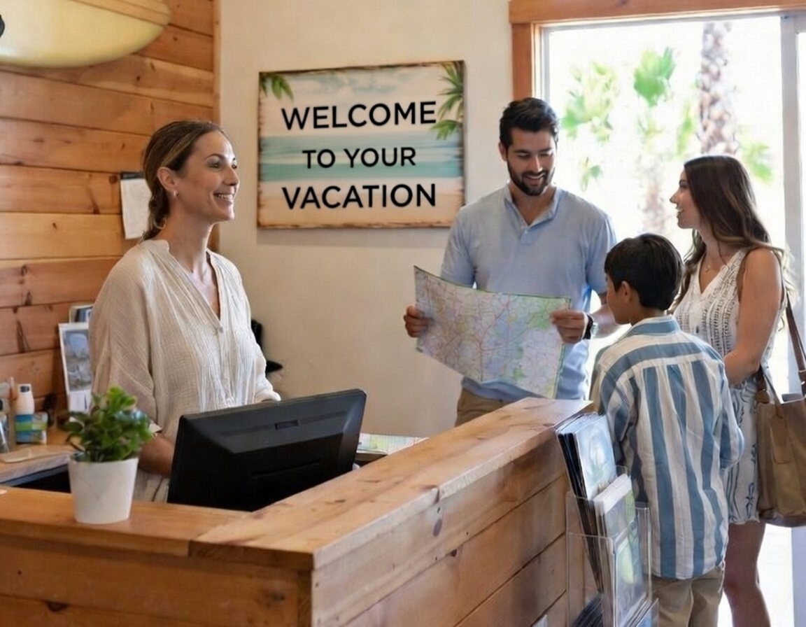 Vacation rental front desk staff helping a family check in
